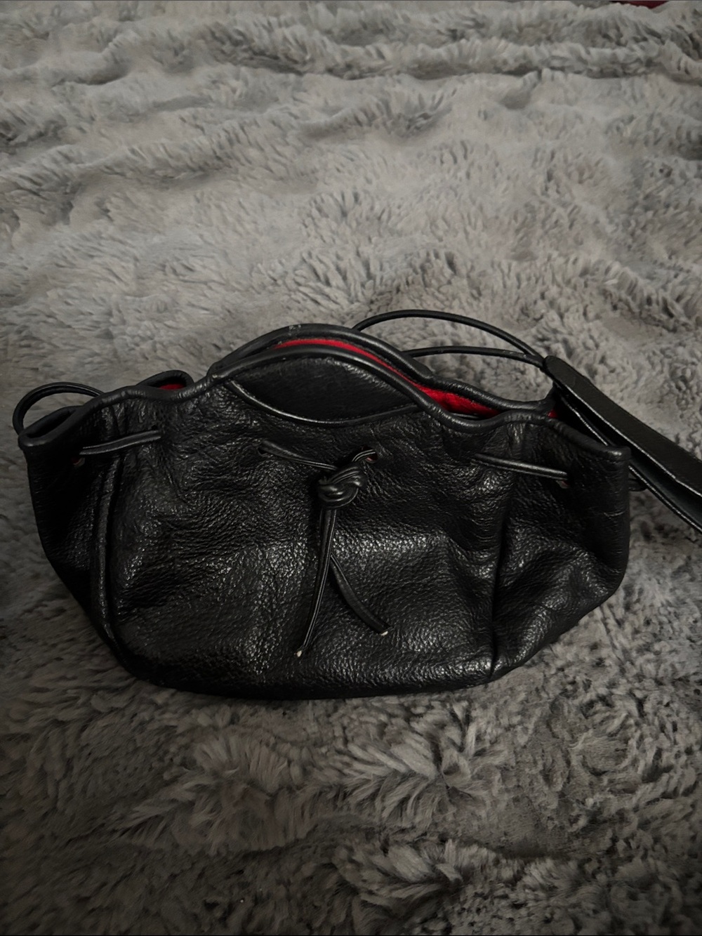 Black Pebbled Leather Shoulder Bag with Red Interior Accent